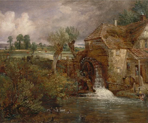 Eine Wassermühle mit fließendem Bach, Bäumen und bewölktem Himmel.