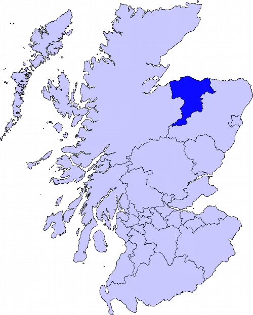 Map of Scotland with Moray highlighted in blue, showing Forres location.