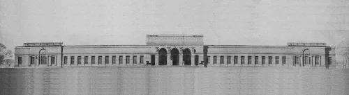 A black and white drawing of a large factory building with symmetrical design.