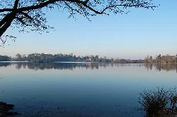 Agua tranquila con árboles y pueblo al fondo en Ellesmere.