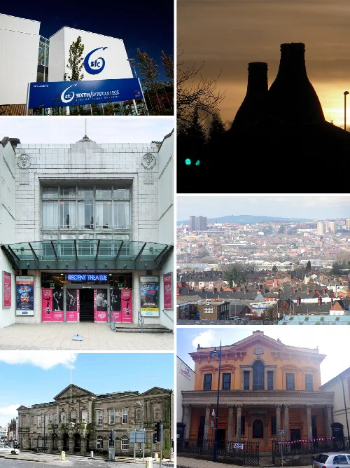 Collage of Stoke-on-Trent landmarks including colleges, kilns, theatres, skyline, and chapels.