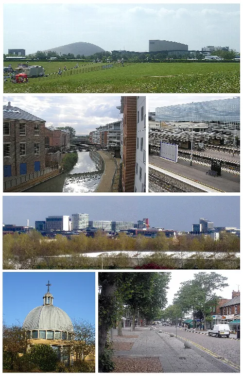 Montage von Milton Keynes mit Parks, Gebäuden, Kanal, Kirche und Straße.