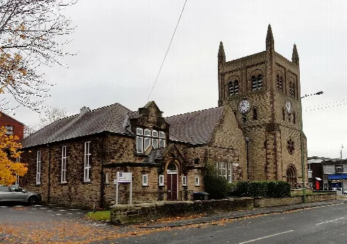 Church hall, aisle and tower of Christ Church in Consett