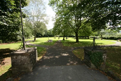 Entrance to Parc yr Orsedd, Ystradgynlais.  Gorsedd circle in the background.  
Darren Wyn Rees at Aberdare Blog
