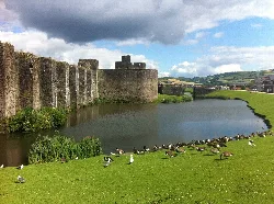 Muros del castillo con un foso y patos en la orilla de la hierba.