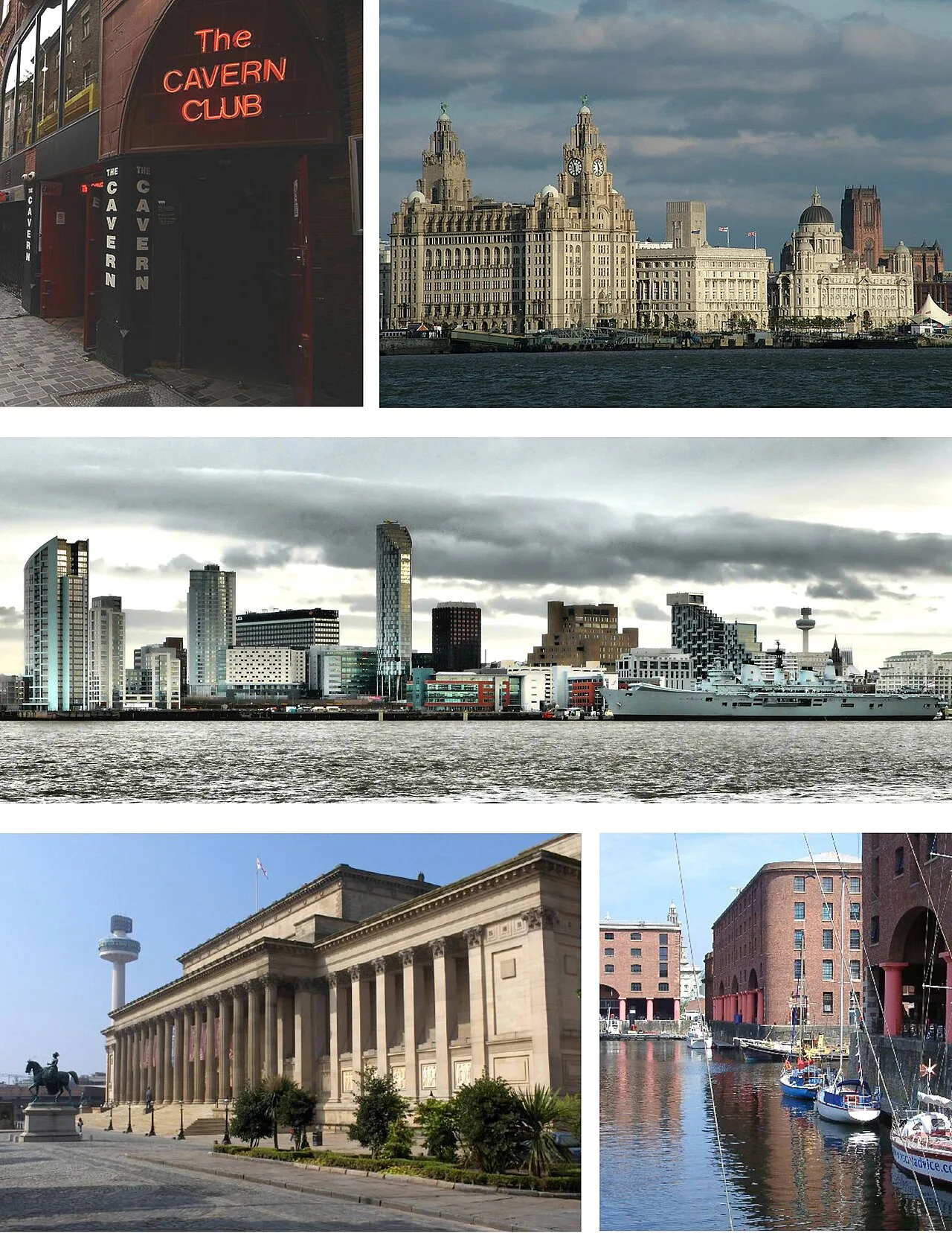 Montaje de Liverpool con vida nocturna, edificios históricos, horizonte moderno y costa.
