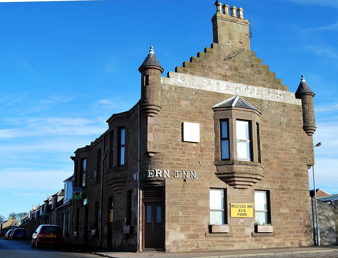 Stone inn with turrets in Laurencekirk, Aberdeenshire.