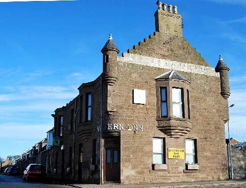 Stone inn with turrets in Laurencekirk, Aberdeenshire.