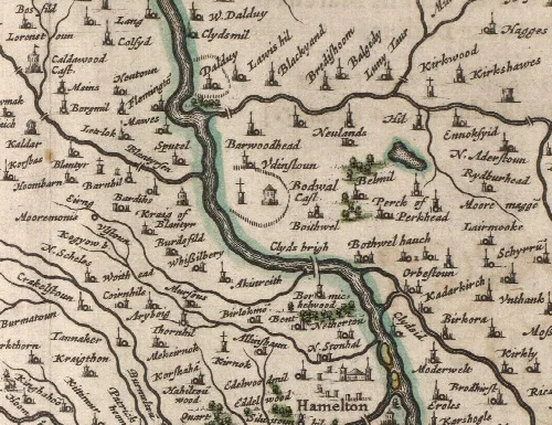 Karte mit Flüssen, Dörfern und Sehenswürdigkeiten um Bellshill von 1654.