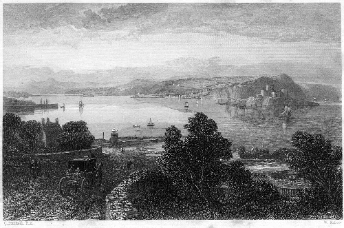 Engraving of South Queensferry with water, boats, and buildings from the south-east.