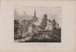 Drawing of Dunfermline Abbey, a church with a tall spire, and a watermill surrounded by trees.
