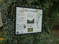 Cartel sobre la zona de conservación The Lizard con texto y un mapa.