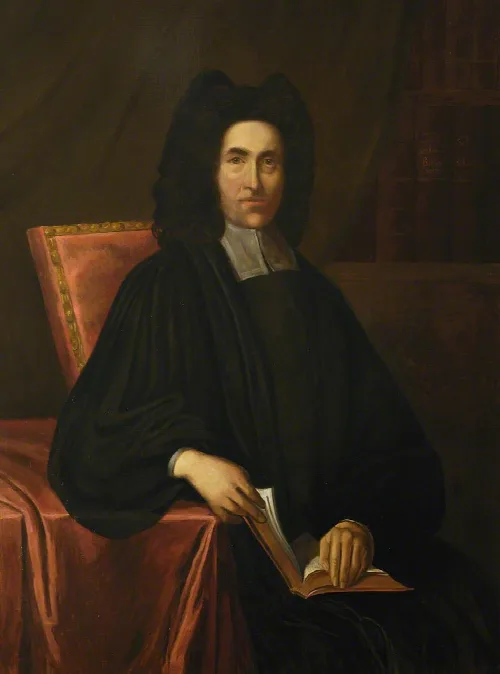Retrato de Thomas Bray, sentado con un libro, con ropas negras.