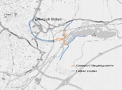 Mapa con líneas azules y naranjas que muestran la ruta de Norwich a Whitlingham Park.