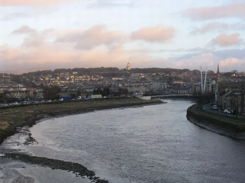 Lancaster and River Lune seen from Carlisle Bridge, with Greyhound Bridge on the left.