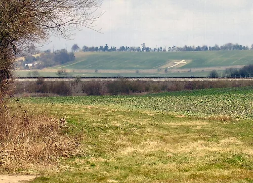 Fields with a hill in the background and a white cross on top.