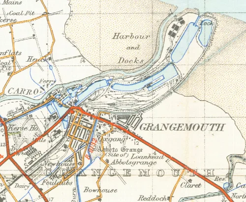 Mapa de Grangemouth con puerto, muelles y calles circundantes de 1945.