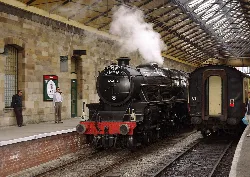 Locomotora de vapor con vagones en la estación de Pickering.