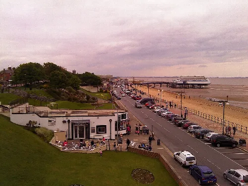 View of Cleethorpes promenade, beach, and pier from Ross Castle.