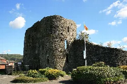 Ruinas de un castillo de piedra con bandera y jardín delante.