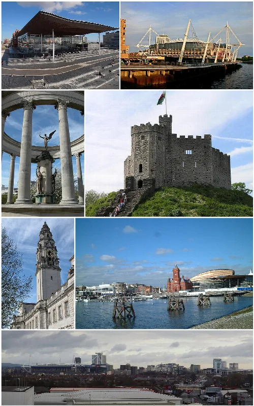 Recopilación de Cardiff con un edificio moderno, castillo, zona del puerto y horizonte urbano.