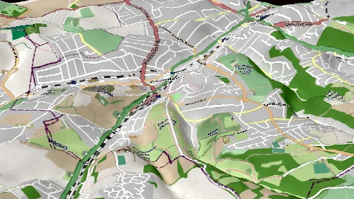 Mapa topológico en 3D de Coulsdon con colinas, valles y carreteras.