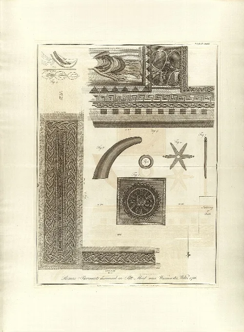 Dibujo de patrones de mosaicos con formas geométricas y una estrella, de la villa romana en Pit Mead.