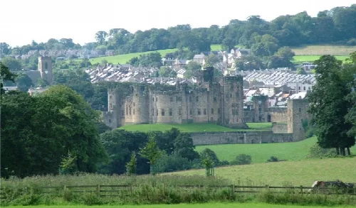 Vista del castillo de Alnwick con paisaje verde y árboles.