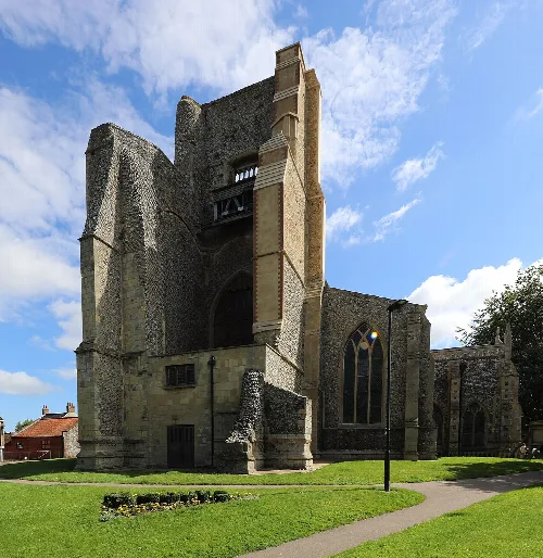 Ruined church tower and part of the church building in North Walsham.