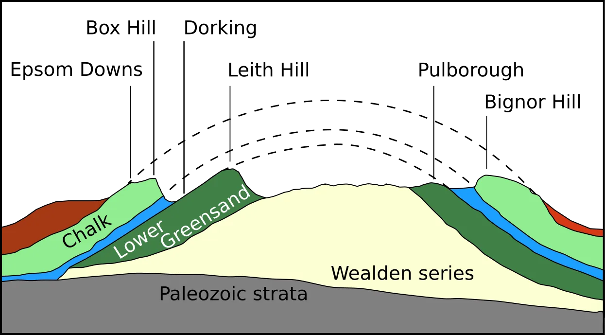 Cross section of geological layers including chalk, Greensand, and Tertiary deposits.