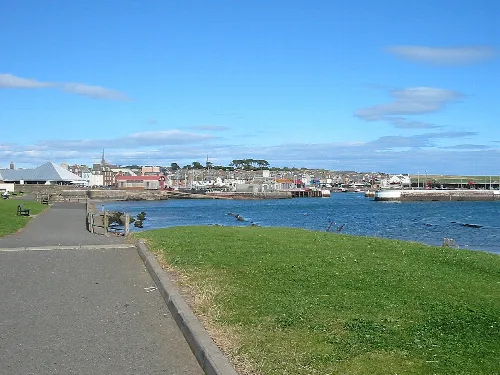 Scenic view of Arbroath's waterfront and town from Inchape Park.