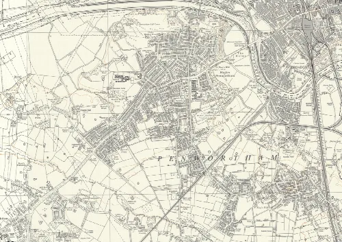 Karte von Penwortham, Lancashire, aus dem Jahr 1960 mit Straßen und Grundstücken.