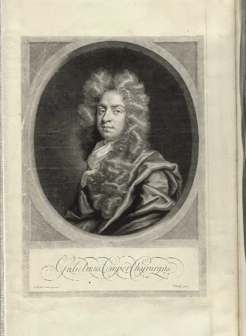 Black and white portrait of William Cowper with long curly hair and a serious expression.